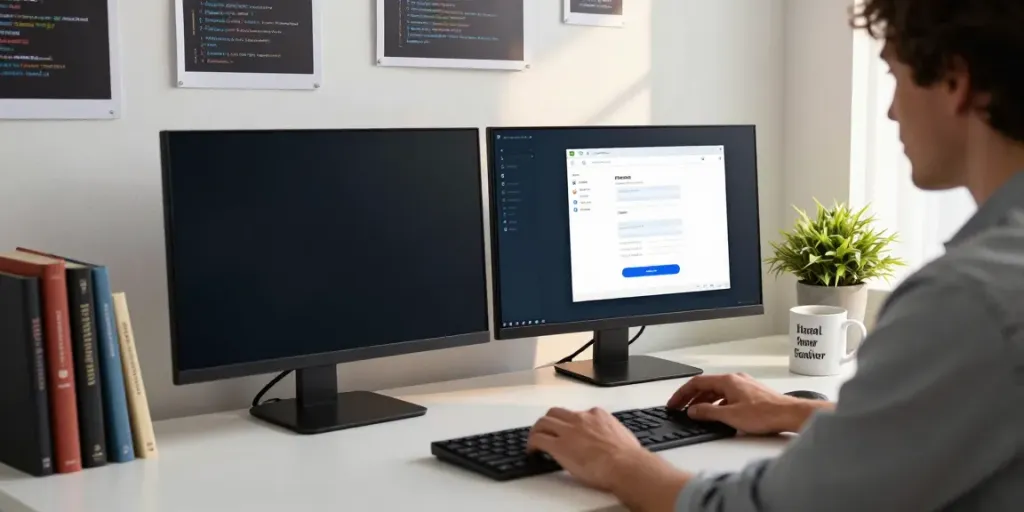 Dynamic workspace showcasing OG WhatsApp APK old version on dual monitors and tech elements.