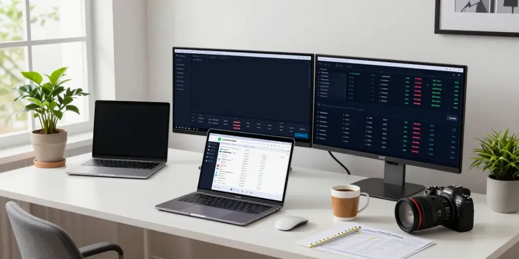 Engaged user analyzing trades on nordencore.ca in modern workspace, showcasing AI trading technology.