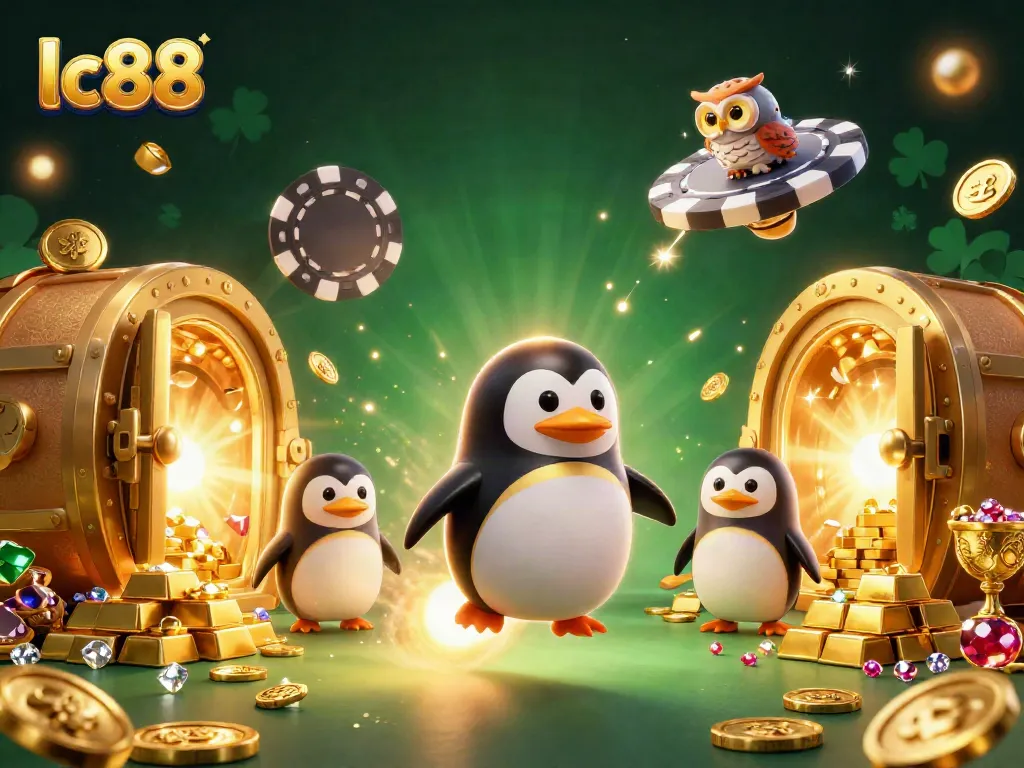 Experience the excitement of lc88 with a golden penguin and shimmering casino treasures.