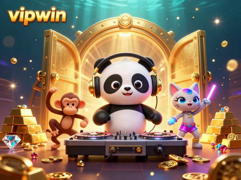 Experience the thrill of vipwin with vibrant characters dancing in a casino-themed treasure trove.