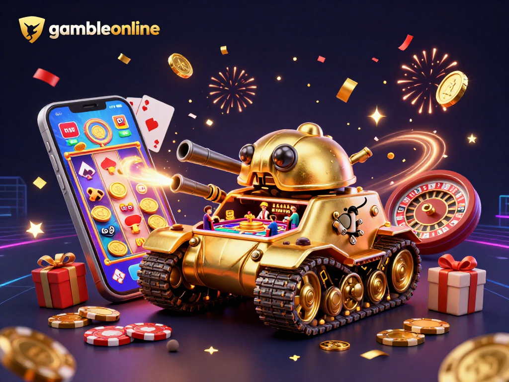 Experience vibrant gaming action with gambleonline's detailed casino-themed illustration, showcasing a unique golden beetle tank filled with mini-games.