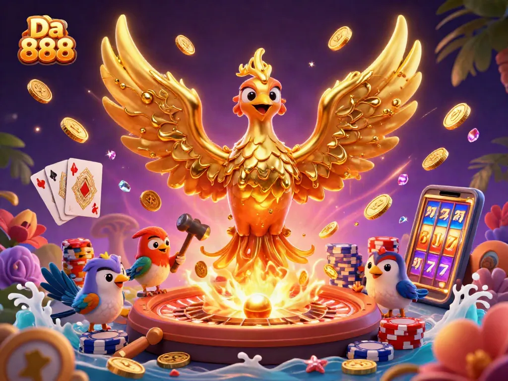 Experience the thrill of Da 888 with a golden phoenix and exciting casino elements.