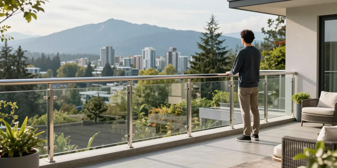 Custom railing North Vancouver on a modern balcony with stunning views.