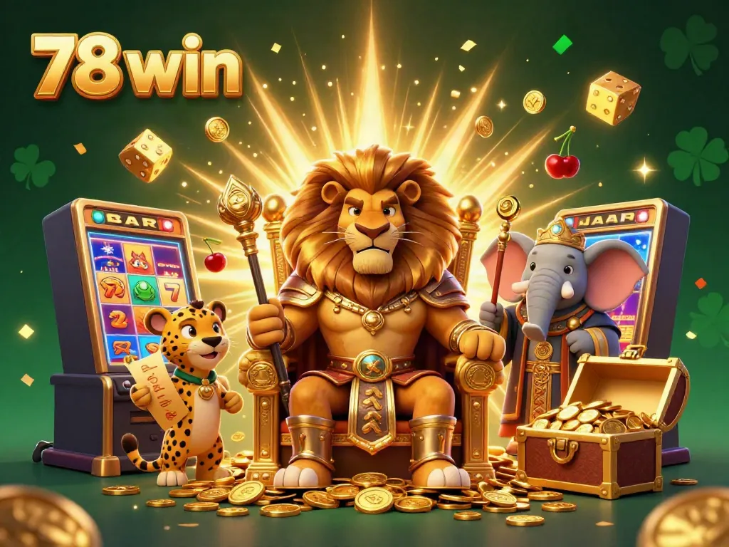 Join the vibrant realm of 78 win, where a fierce lion king, wise elephant advisor, and quick cheetah messenger celebrate jackpots.