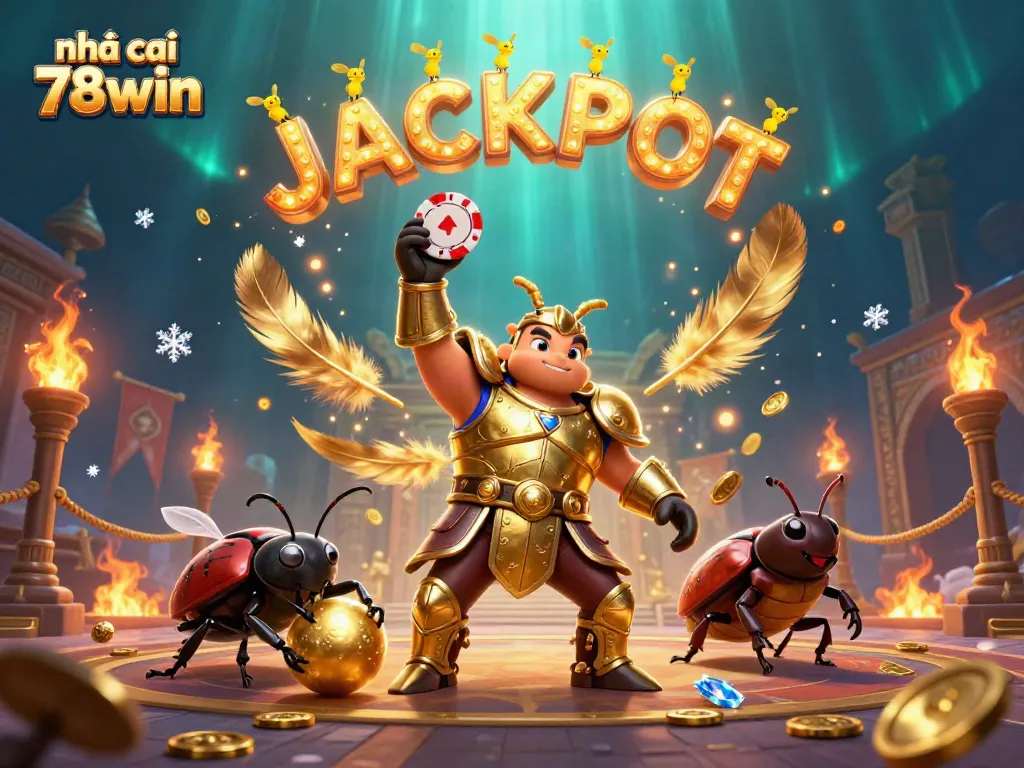 Experience the excitement of nhà cái 78win with a triumphant beetle, surrounded by casino elements and vibrant energy.