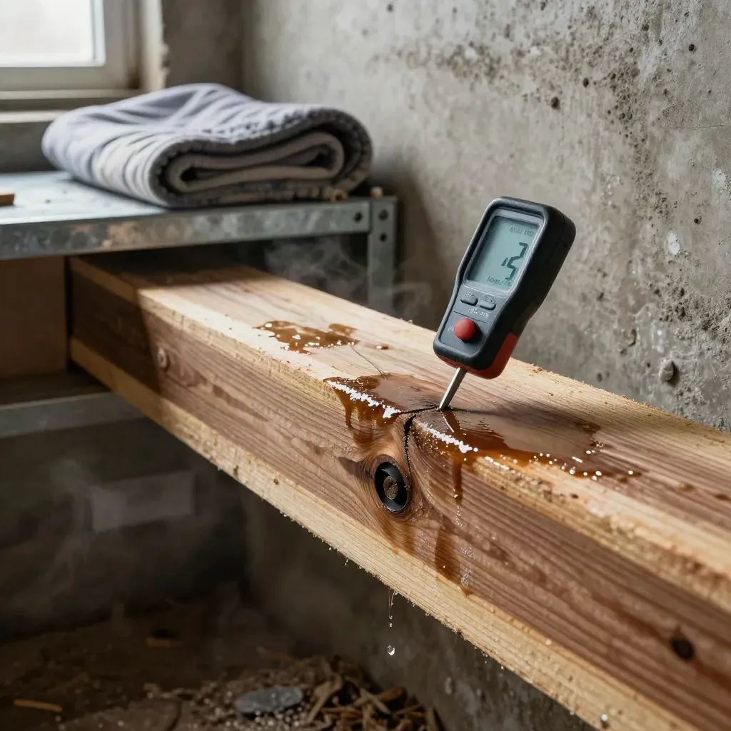 Moisture meter probing a stained basement joist beside a folded thermal blanket