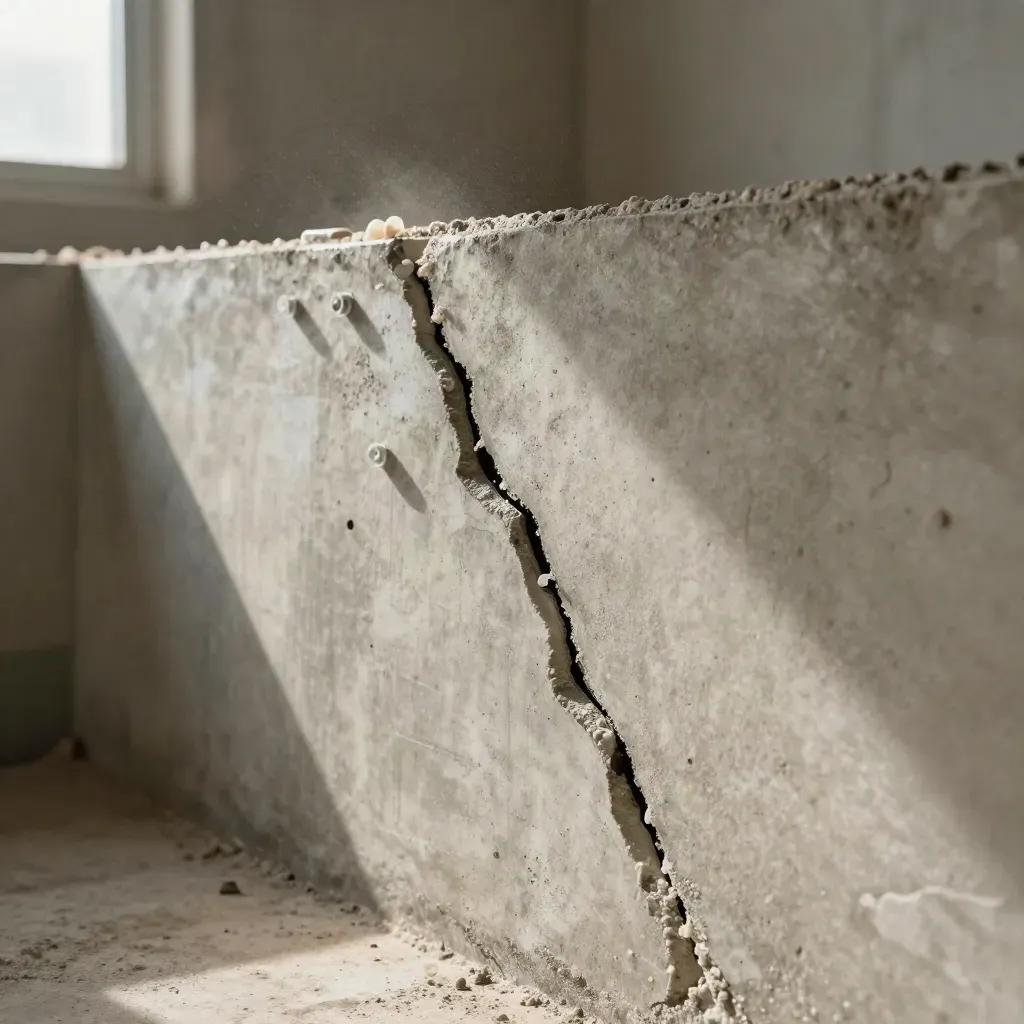 Epoxy-sealed foundation crack with injection ports on a concrete wall, lit with a clean rim light.