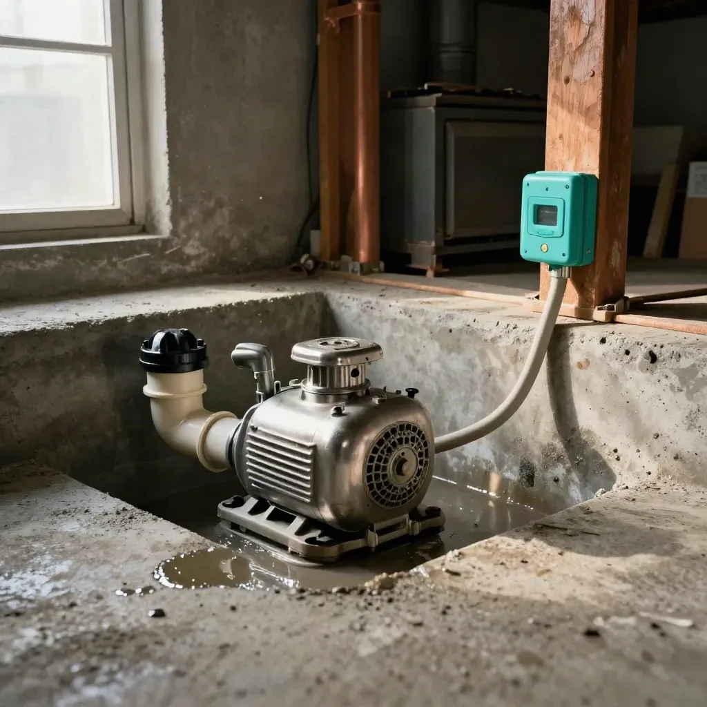 Fresh sump pump and pit in a dry utility basement with discharge piping and an alarm module.