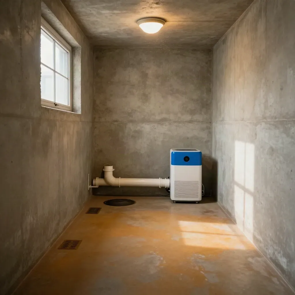 Toronto basement utility corner with sealed joints, dry drain, and sump piping in warm afternoon light.