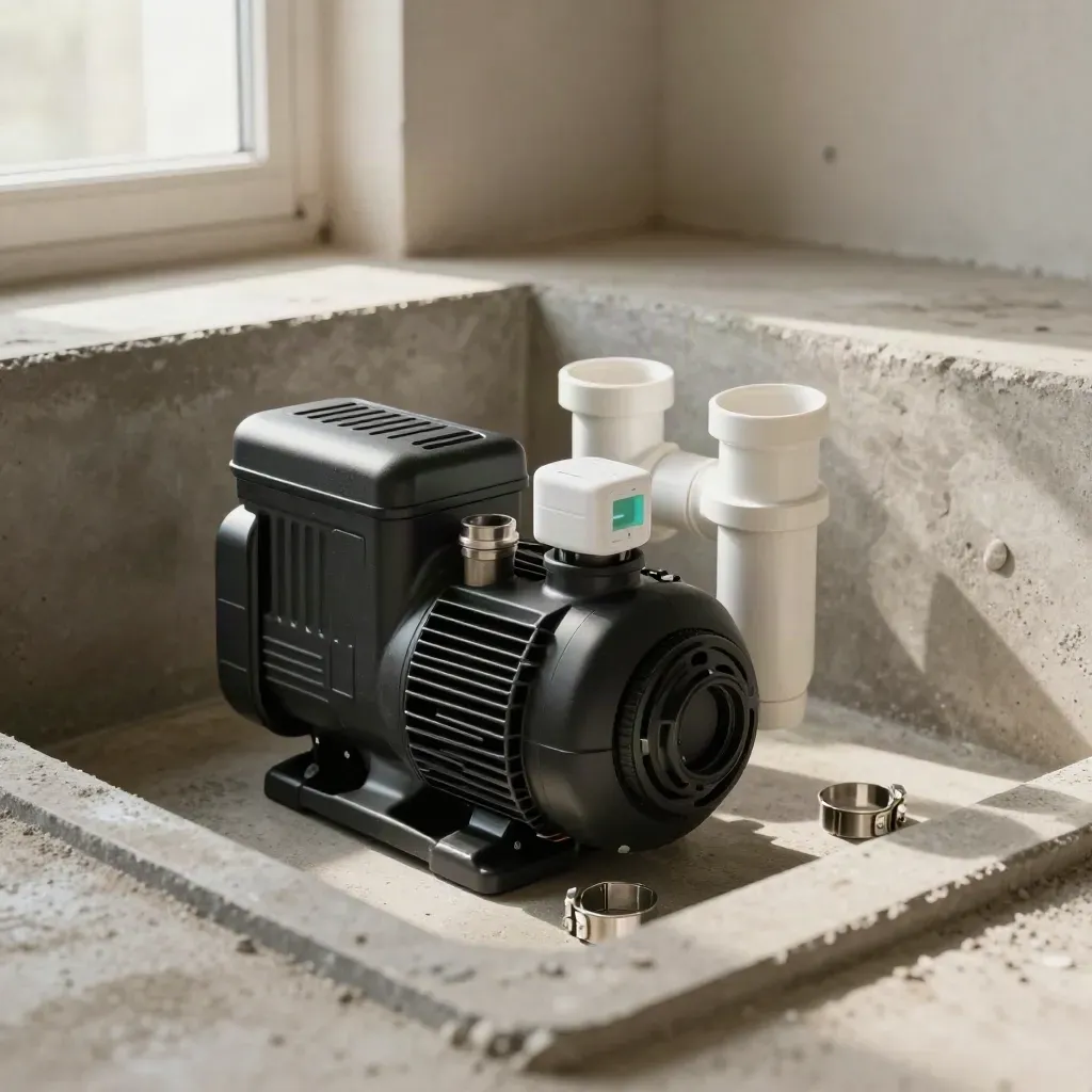 New sump pump, PVC discharge, backup box, and alarm pod in a tidy basement pit before a storm.