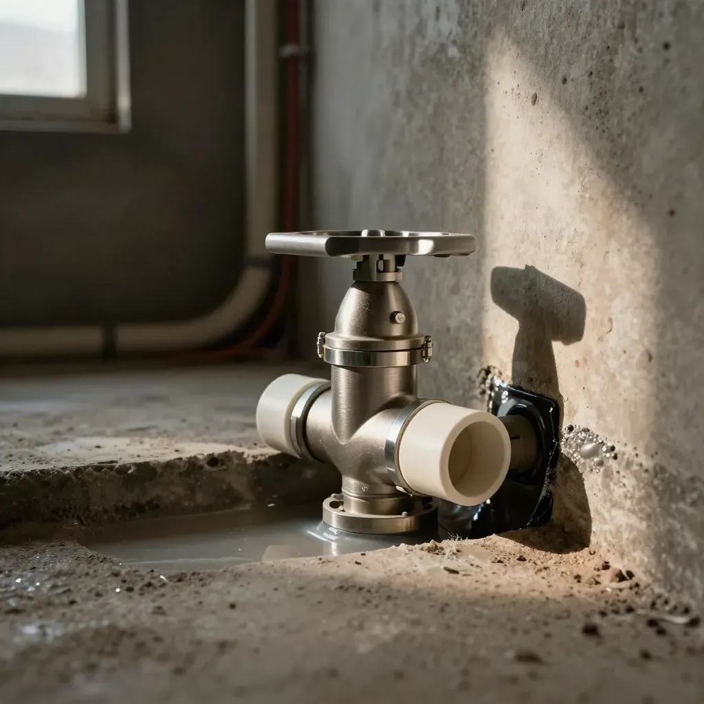 Backwater valve on a basement drain in a finished duplex corner, lit by a warm beam.