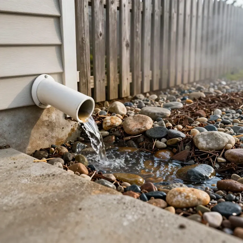 Downspout runoff flowing away from a dry foundation beside cedar fencing