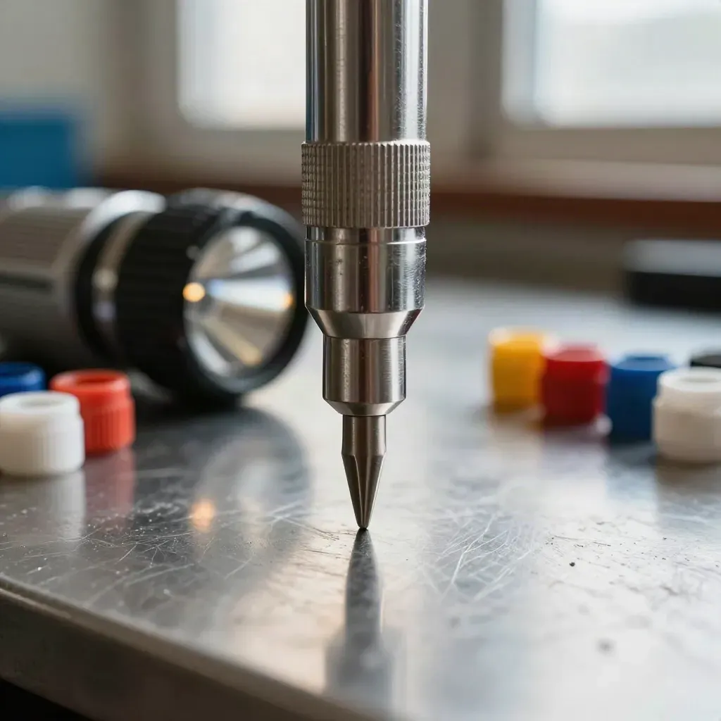 Moisture meter probe, flashlight body, and pipe test caps on a steel workbench