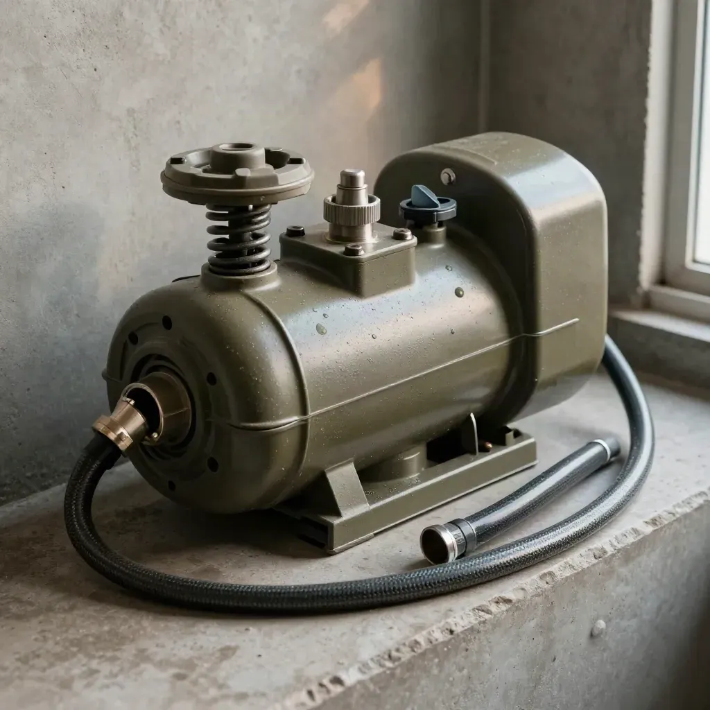 Sump pump housing, float switch, check valve, and braided cord on a concrete ledge