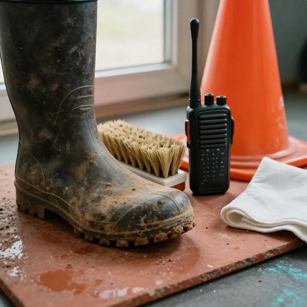 Boot sole, brush, walkie-talkie and cone base on a gritty utility slab in warm workshop light.