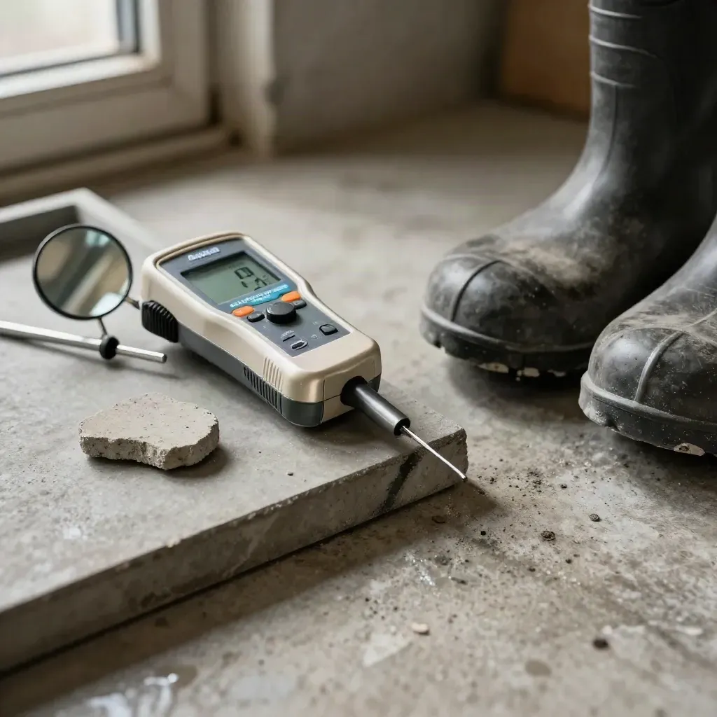 Moisture meter, mirror, and flashlight inspecting a damp concrete edge beside a boot tray.