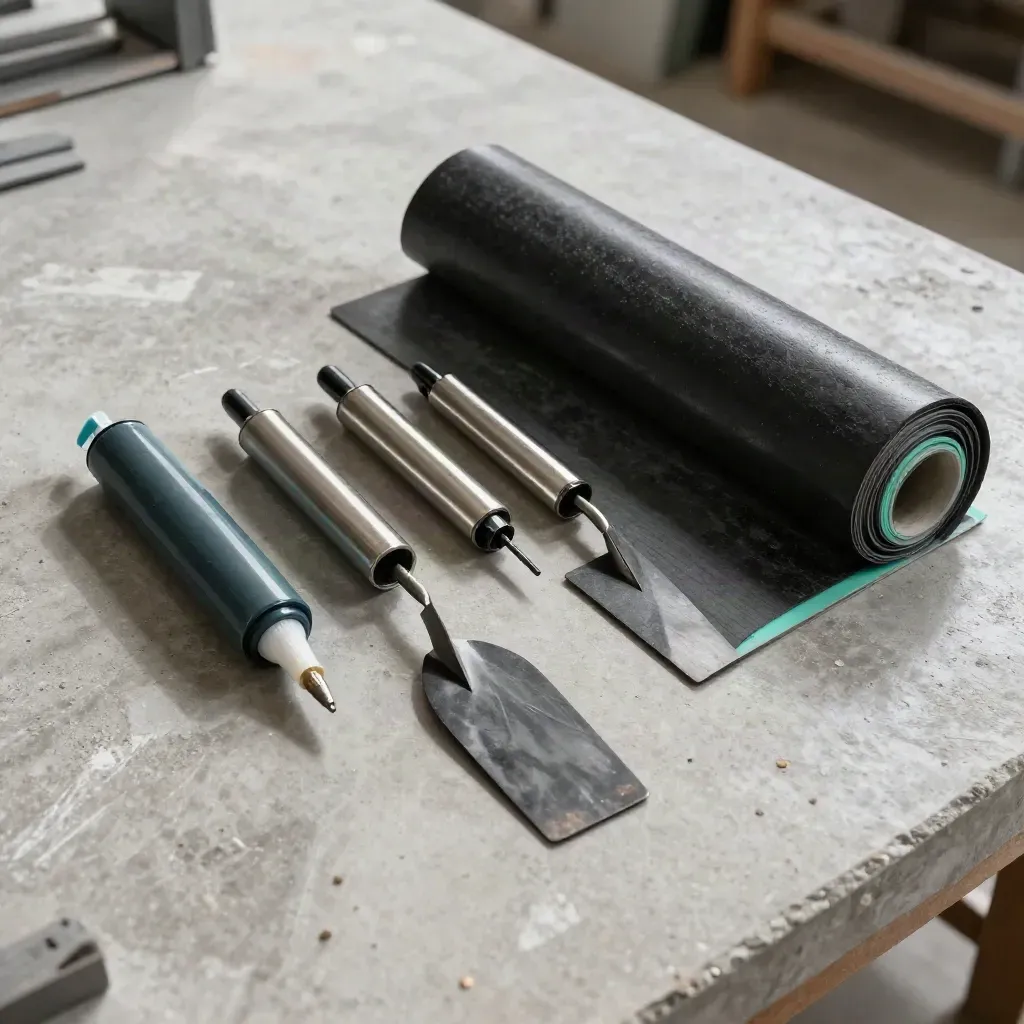 Overhead flatlay of waterproofing tools on concrete with soft light and subtle aqua accent