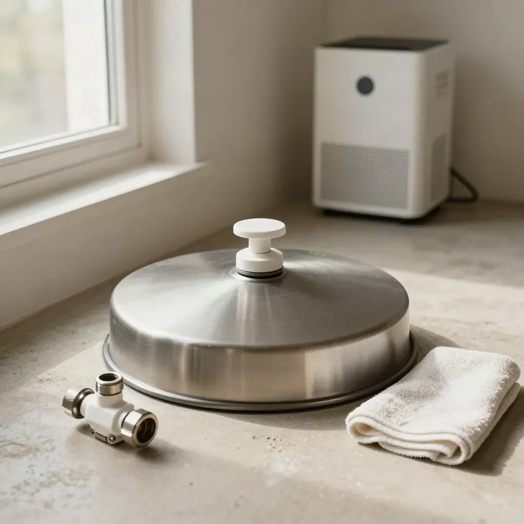 Dry sump basin lid, check valve, microfiber cloth, and dehumidifier in a finished utility room corner.