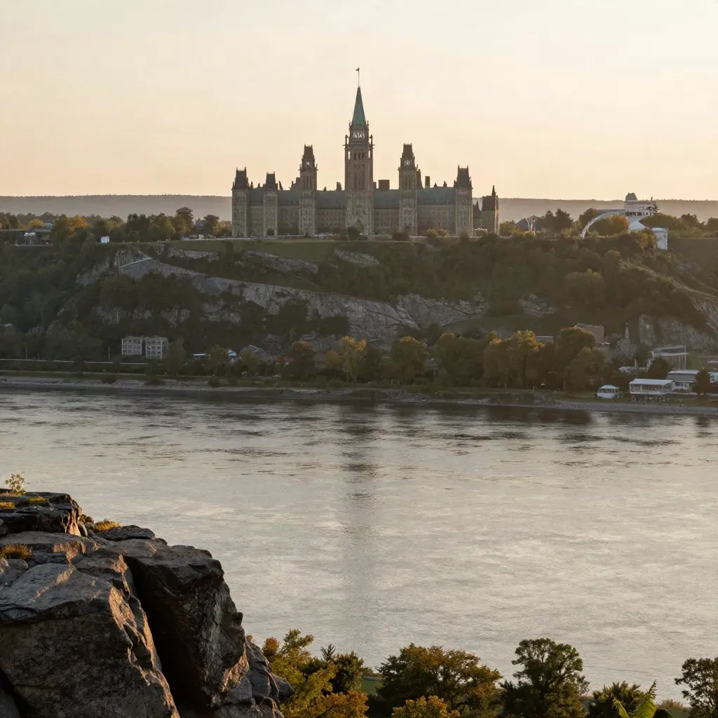 Parliament Hill above the Ottawa River valley in hazy late-afternoon light