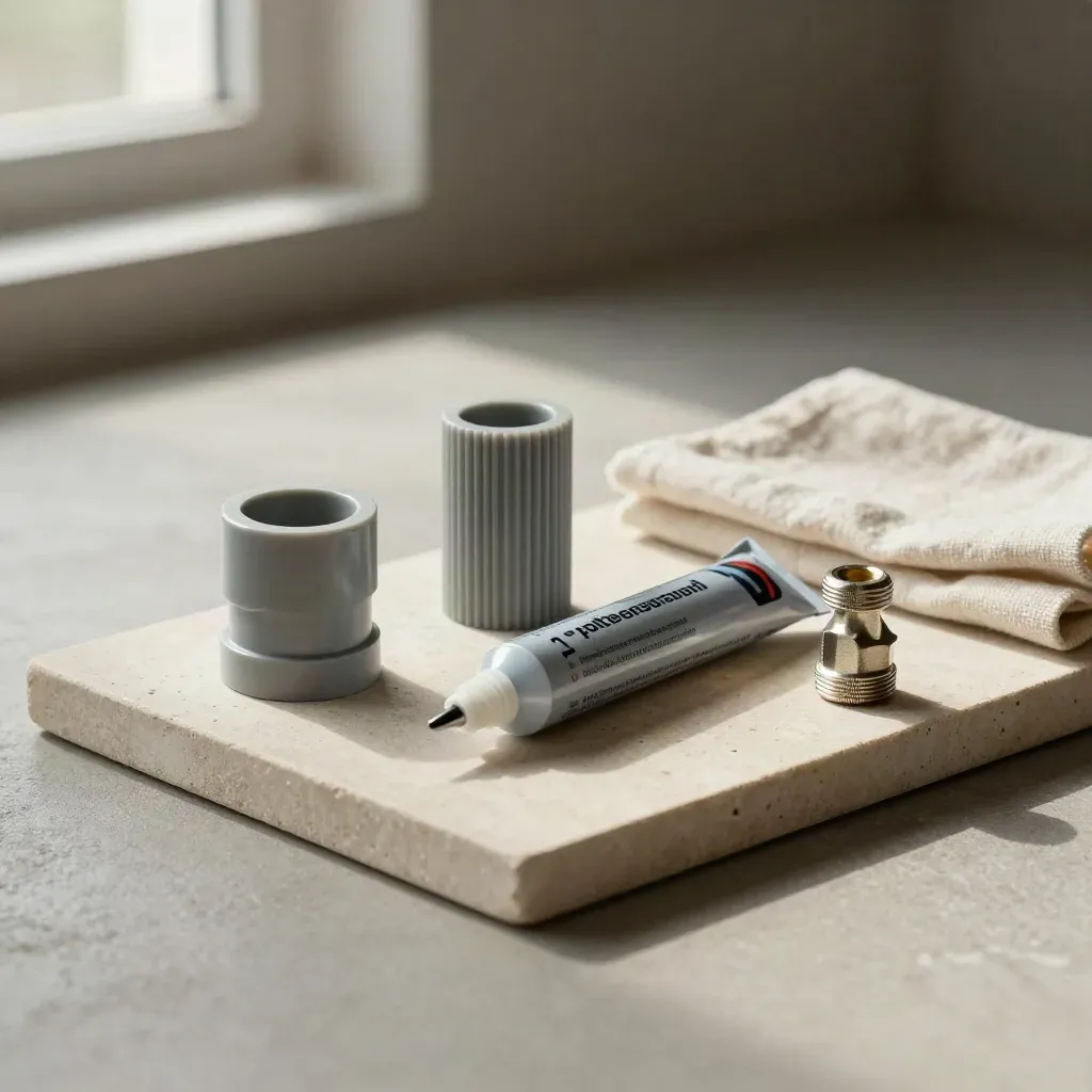 Stone tray with PVC couplings, crack packer, sealant cartridge, and valve fitting
