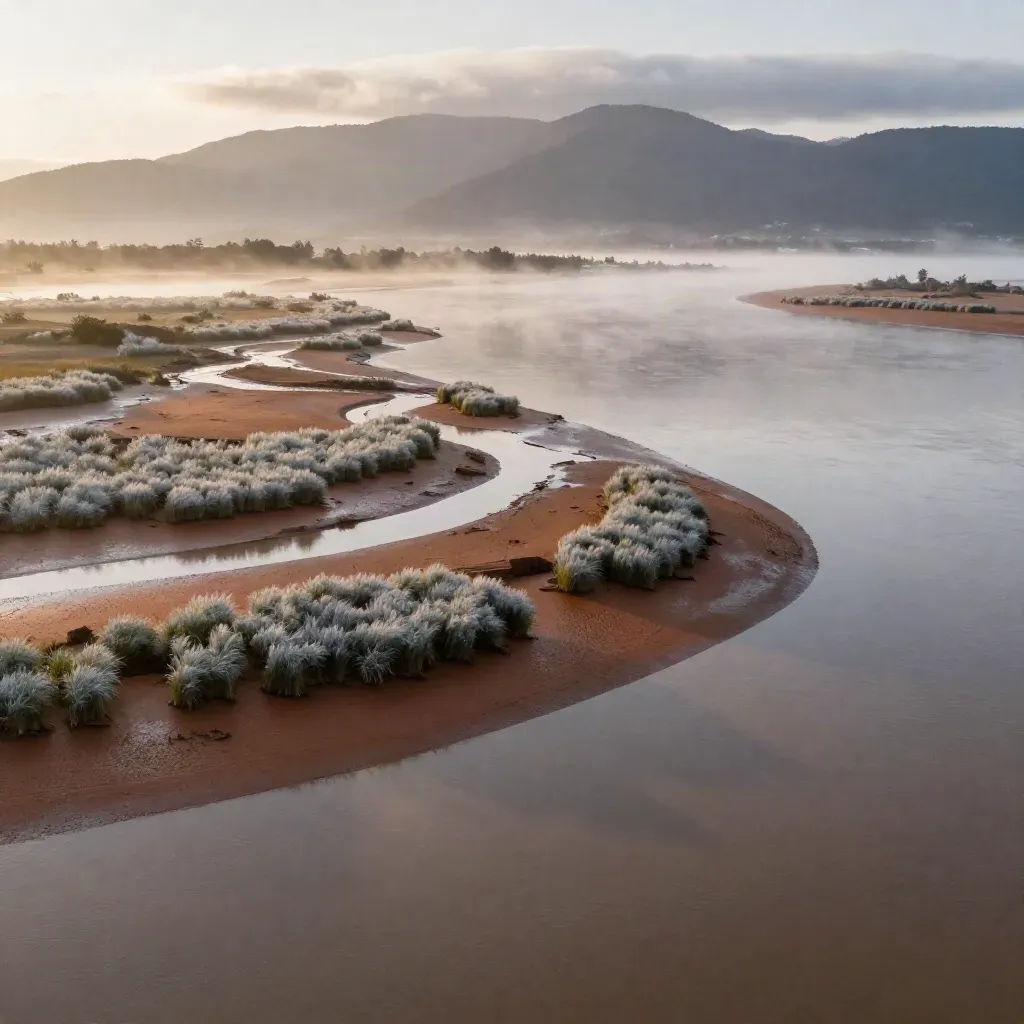 Fraser River delta at dawn with foggy wetlands and North Shore mountains.