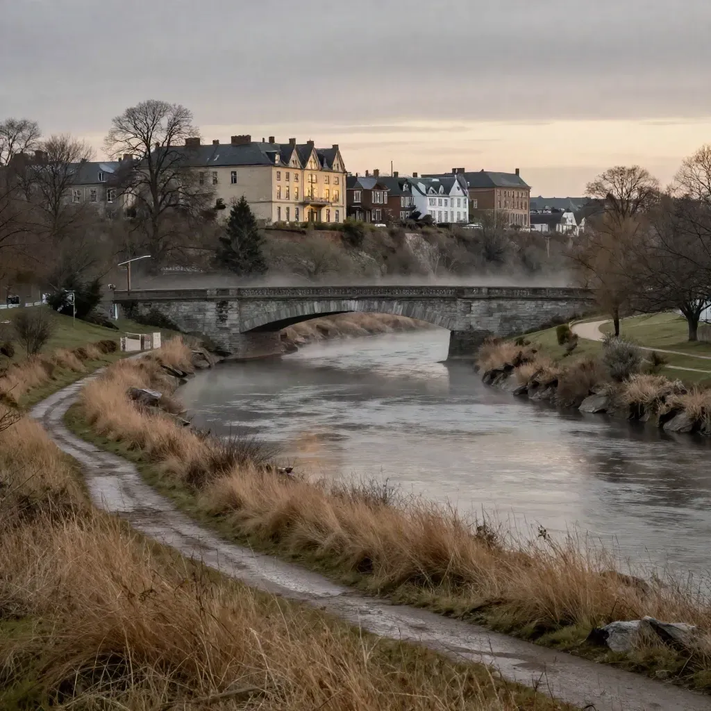 Mist over the Grand River bend and stone bridge in Waterloo Region at blue hour.
