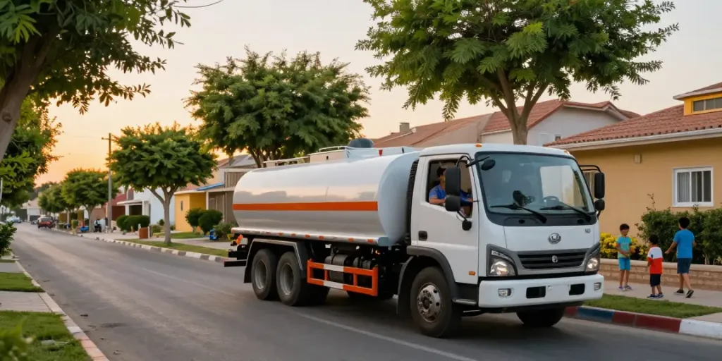 Offering reliable وايت ماء حي الرمال water delivery service in community streets at sunset.