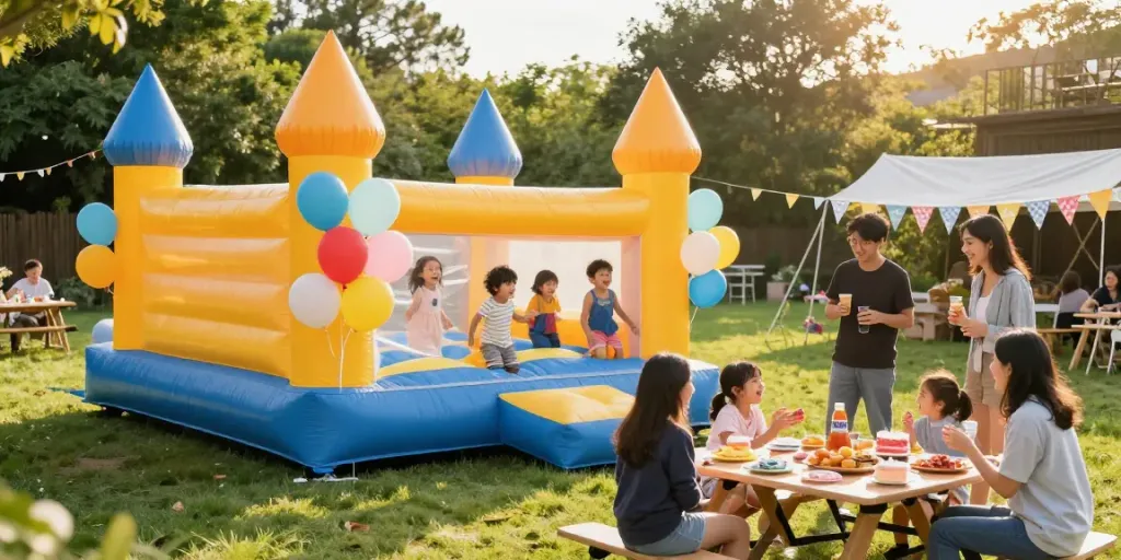 Children enjoying a playful day in an inflatable castle at a birthday party.