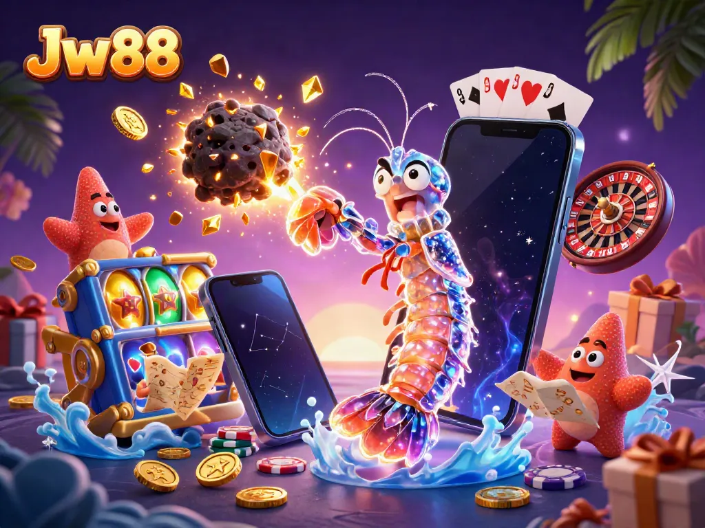 Experience thrilling gameplay with Jw 88, featuring a vibrant 3D scene of a cosmic mantis shrimp and colorful slot symbols exploding with excitement.