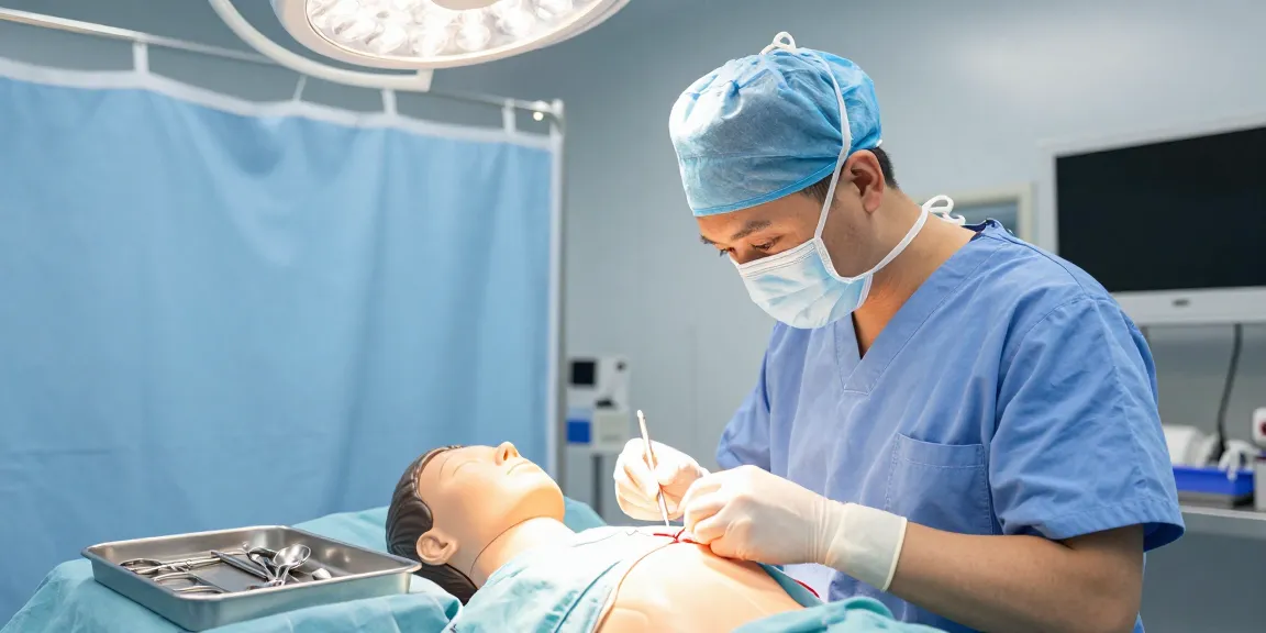 Surgical professional using suture kits for precise stitching on a surgical mannequin in a bright operating room.