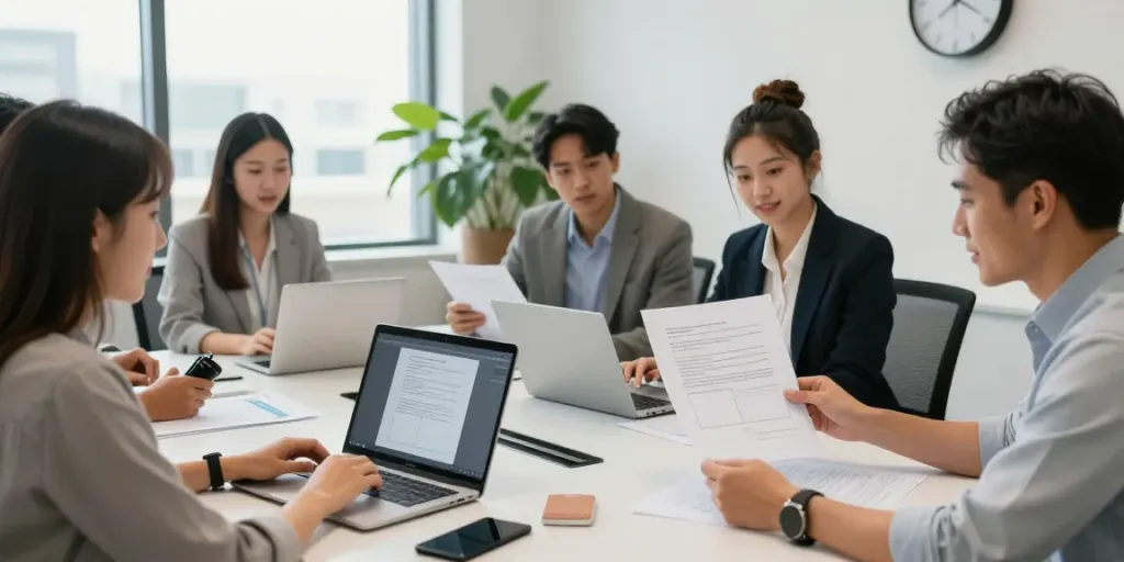 A team helping clients with apostille documents in a modern Toronto office.