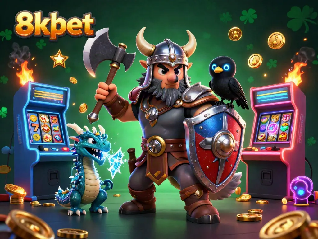 Engage in thrilling gaming with 8xbet's vibrant casino scene featuring a warrior and dragon.