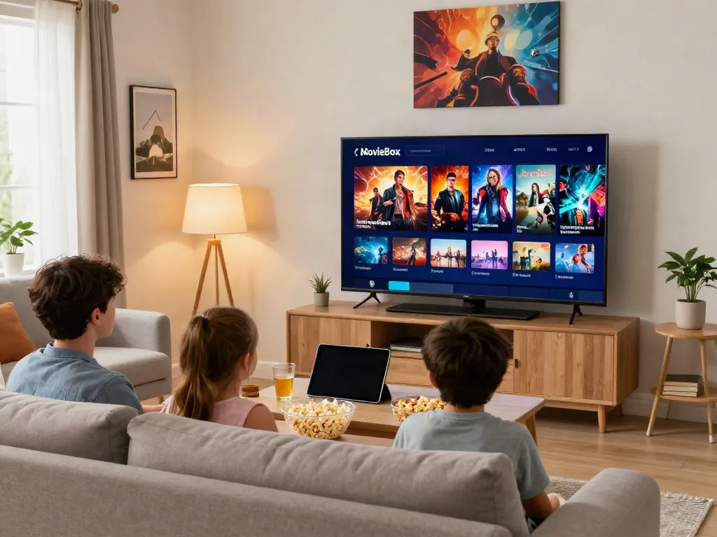 Family enjoying movie box download on smart TV with popcorn and cozy ambiance