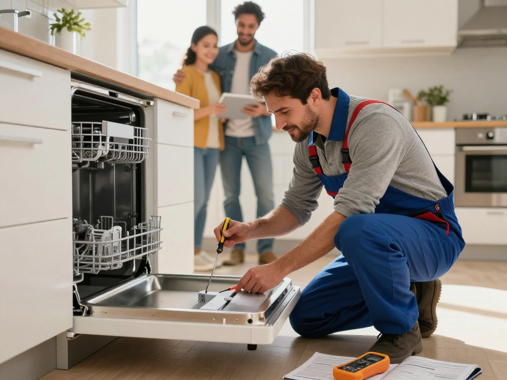 Expert dishwasher repair technician fixing a modern appliance while a family looks on in a well-lit kitchen.