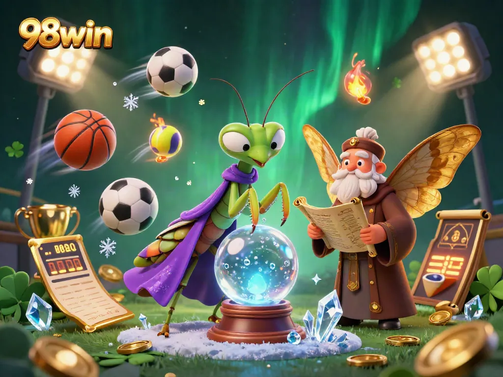 Engage with 98win's vibrant gambling scene featuring a praying mantis fortune teller and sports elements.