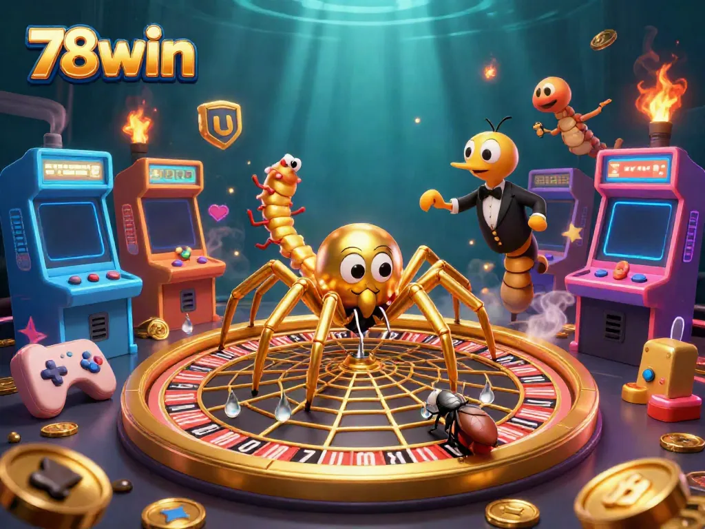 78win players enjoy a vibrant 3D casino scene featuring a golden spider and a centipede croupier.
