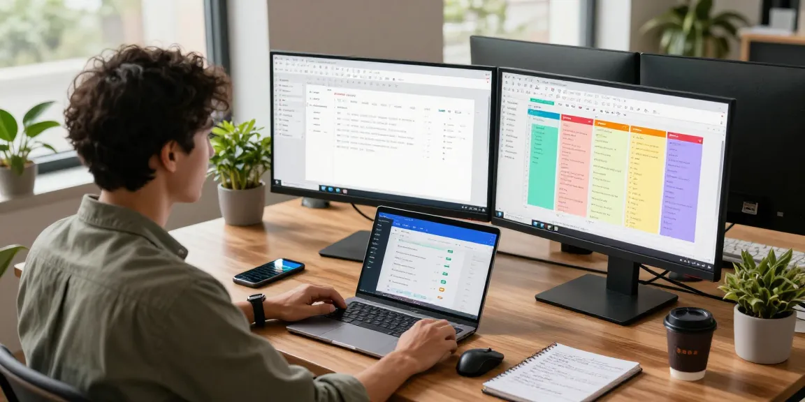 WPS Download productivity scene with dual monitors showing WPS Office, a notepad and coffee highlighting a professional workspace.