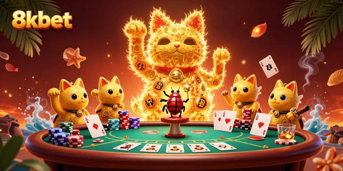 Engage with 8xbet's vibrant casino world featuring a lucky cat and dynamic poker scene.